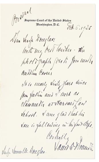 (SUPREME COURT.) BRANDEIS, LOUIS D. Two items: Photograph Signed * Autograph Letter Signed.